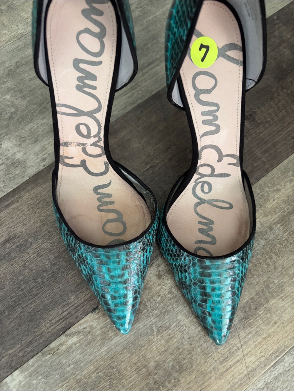Sam Edelman Delilah Snakeskin Leather Black Turquoise Pumps Sz 7 - Picture 4 of 6